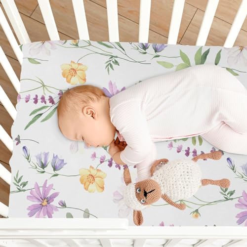 Image of CaTaKu Baby Crib Sheets Floral Flowers Lavender Mini Crib Sheets Fitted for Girls Boys,Neutral Soft Toddler Mattress Bed Sheets for Crib,27 inchx 39 inch