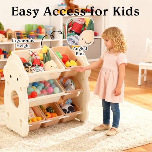 Oyajia Kids Toy Storage Unit with Boxes & Bins | Children's Toy Organiser Shelf for Bedroom, Playroom, Living Room | Sturdy Toy Tidy for Daycare & Nursery | 66 * 39.5 * 63.7cm, White & Brown - Image 3