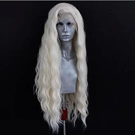 ELESTY Long Wavy White Blonde Hair Synthetic Lace Front Wig For Women Natural Loose Curly 60 Platinum Icy Blonde Lace Wigs Free Part Water Wave Glueless Lace Front Wigs High Temperature Hair Cosplay