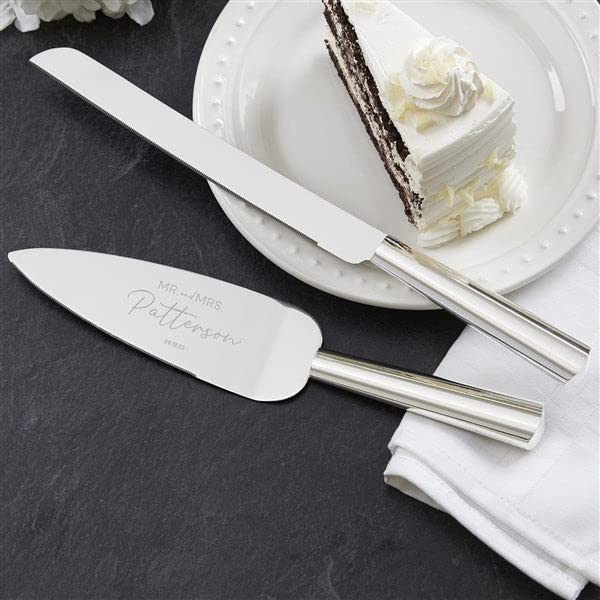 Personalization Universe Natural Love Engraved Wedding Cake Knife & Server Set - Silver Wedding Decor with Mr and Mrs, Last Name & Message, Personalized Wedding Cake Cutting Serving Set