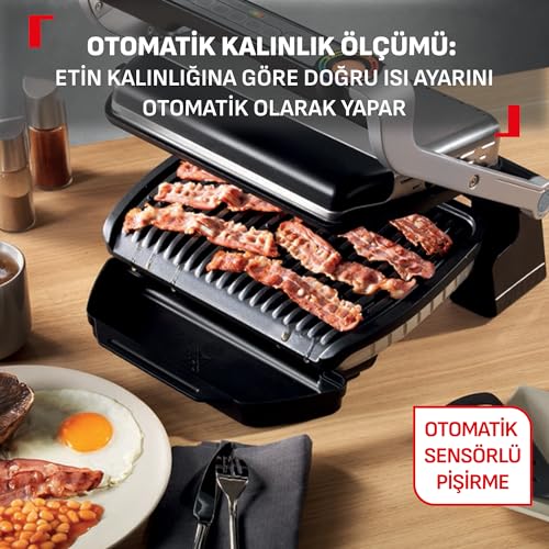 Foto von Tefal OptiGrill GC712D34 Kontaktgrill, 6 automatische Programme, Garstufenanzeige, 4 manuelle Temperaturstufen, 2000 W Elektrogrill, abnehmbare Platten, Titan-Metall