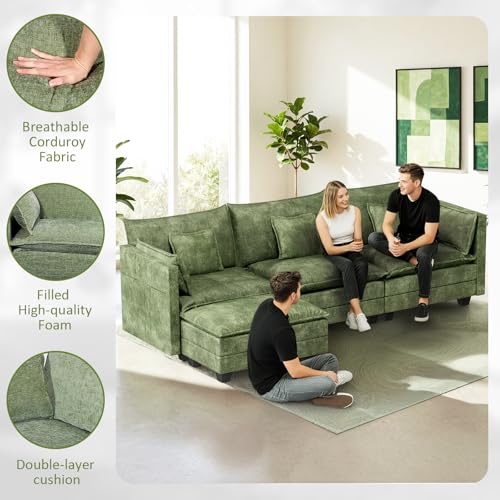 Image of LEVELEVE 112.5 inch L-Shape Modular Sofa with 1 Ottomans, Deep Seat Cloud Convertible Sleeper, 3 Throw 2 Arm Pillows, Comfortable Upholstered Furniture for Living Room Apartment, Green