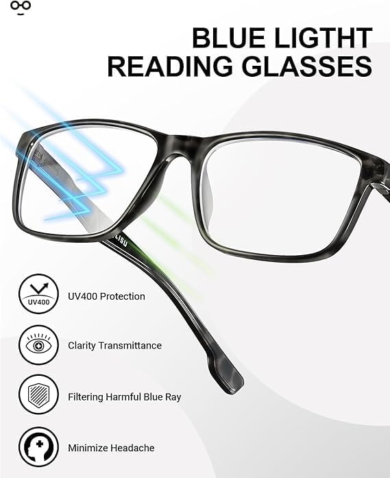 4 Pack Reading Glasses Men Blue Light Blocking with Spring Hinge, Anti Eyestrain/UV Large Wide Square Computer Readers - Image 4