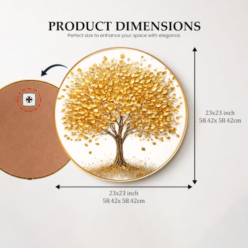 Image of PAINTINGMANTRA Golden Tree of Life Round Wall Art Painting With Frame For Living Room | Vastu-Inspired Prosperity Decor Framed Painting | Elegant Round Wall Hanging for Home, Office & Gifting, 23 In