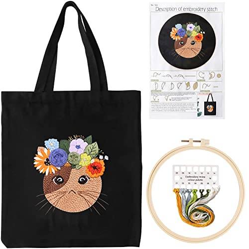 Embroidery Kit For Beginners With 1 Canvas Tote Bag, Pattern, Bamboo Embroidery Tool, Color Threads (A) #TOP11