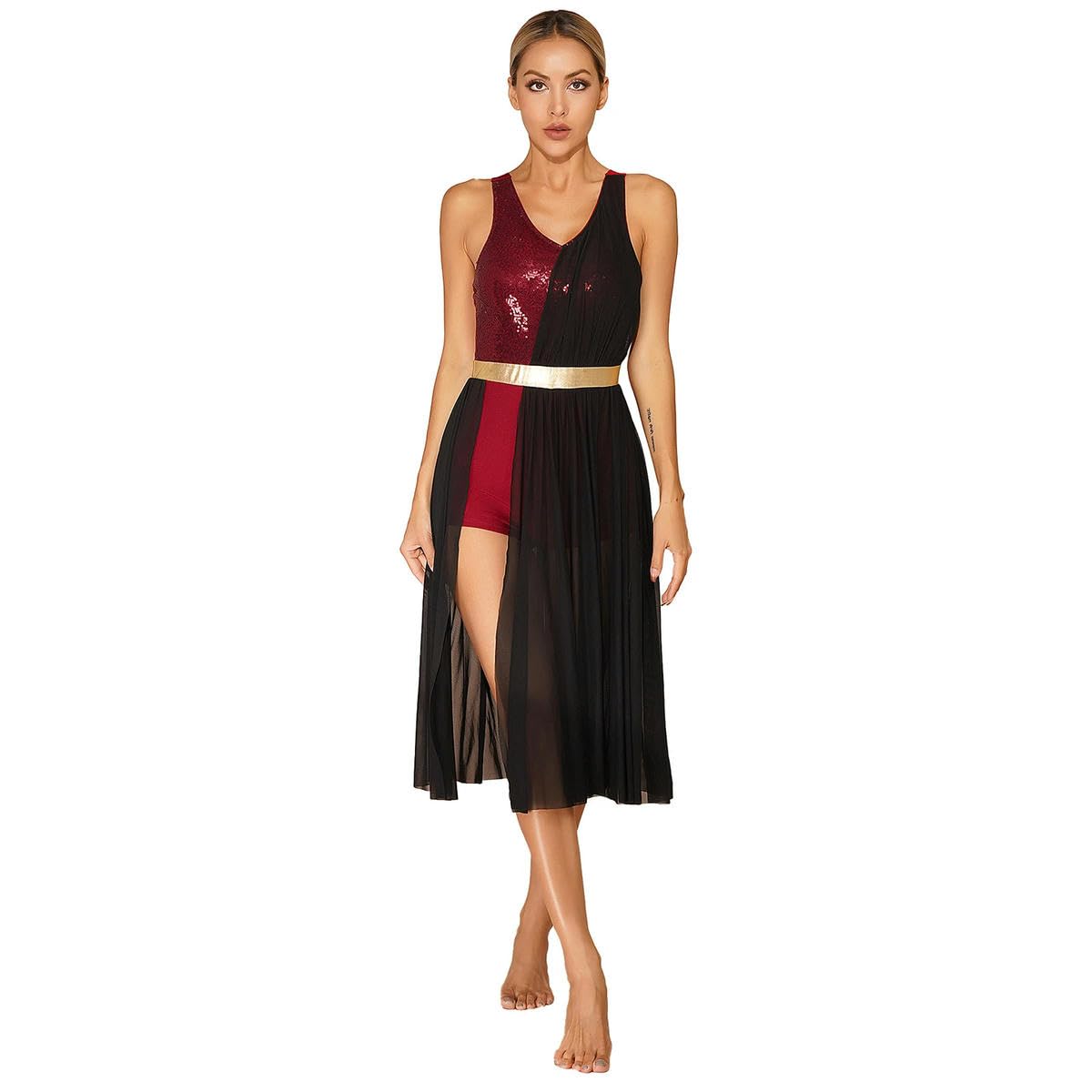 Disfraz de patinaje artístico para mujer, con lentejuelas brillantes, vestido de baile lírico, vestido de baile de graduación, cuello en V, tirantes anchos para los hombros