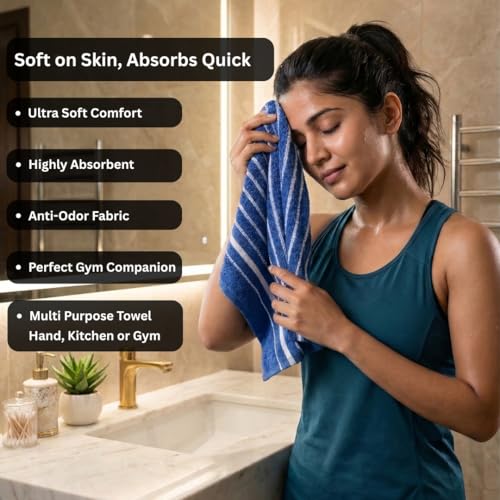 Image of Athom Living Premium Hand Towels- Cotton, 400 GSM, Ultra Soft, Quick Dry, Highly Absorbent | for Hand, Kitchen and Gym | 60 * 40 cm, Pack of 4 (Blue)