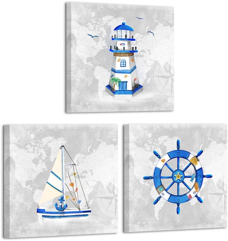 VVOVV Wall Decor Blue and Grey Coastal Wall Art Lighthouse Sailboat Painting Picture Prints Nautical Bathroom Wall Decor Framed 12"x12"x3 Pieces