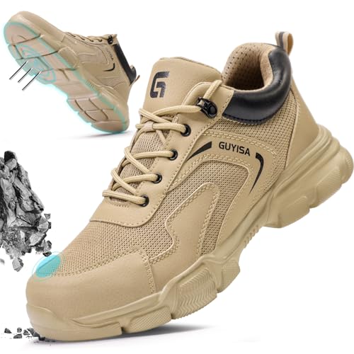 Image of Gsutenmre Steel Toe Shoes for Men Women Lightweight Work Shoes Mens Indestructible Safety Sneakers Puncture Proof Construction Shoe Composite Toe Sneakers Khaki