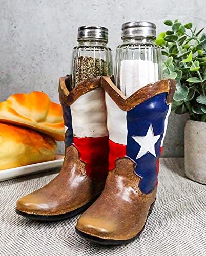 Ebros Western Cowboy Or Cowgirl Texas Flag Boots Salt And Pepper Shakers Set With Decorative Resin Display Holder Figurine And Glass Shakers Kitchen Two Step Spice Decor