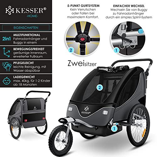 KESSER® Kinderanhänger Fahrradanhänger 360° Drehbar mit Federung 2in1 Joggerfunktion Kinderfahrradanhänger + 5-Punkt Gurt Jogger Fahrrad Anhänger für 1 bis 2 Kinder max. 40kg Inkl. Warnfahne, Schwarz