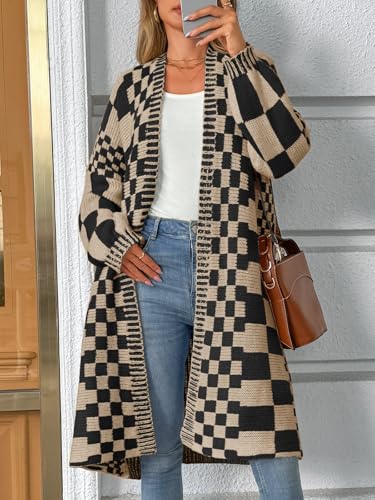 Saodimallsu Womens Checkered Long Cardigans Chunky Oversized Open Front Batwing Sleeve Color Block Knit Sweater Coats4
