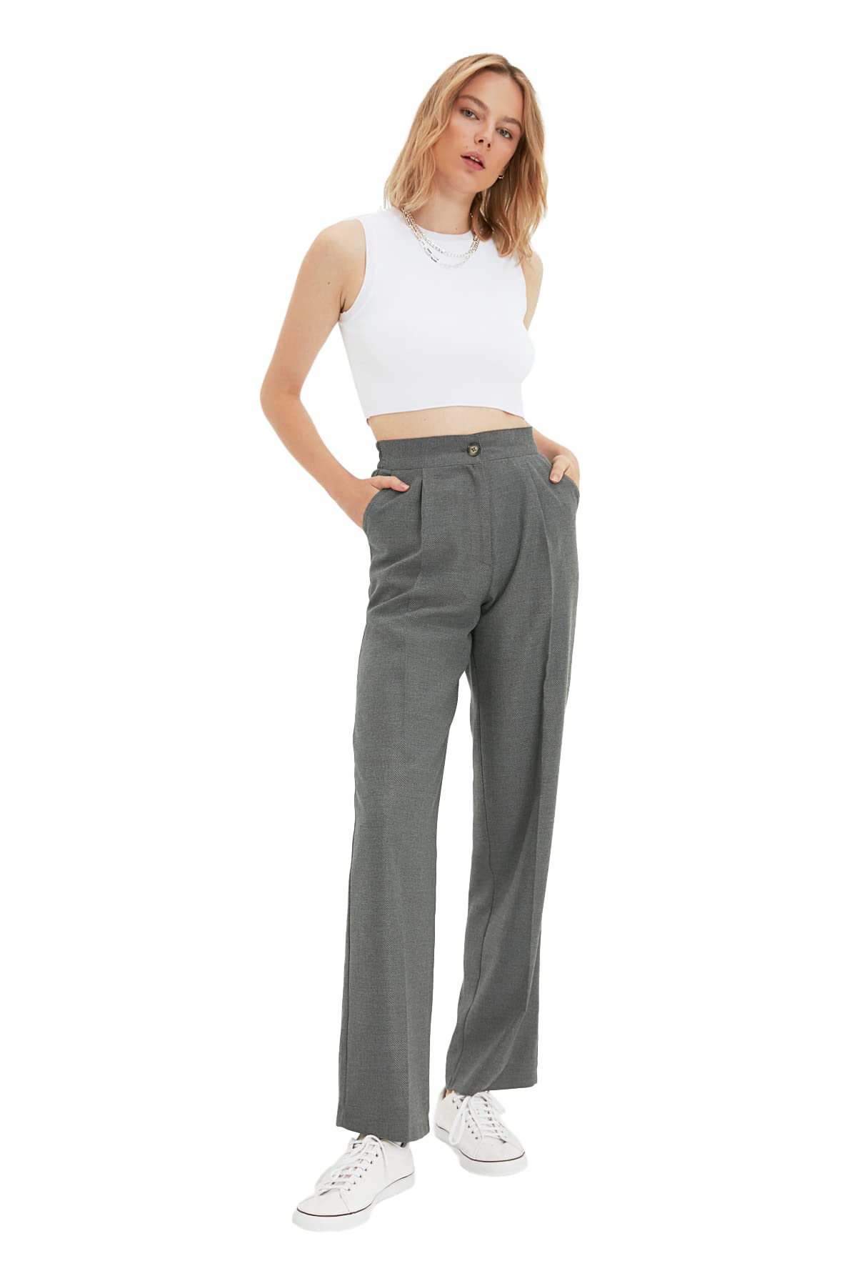 Trendyol Women's Gray Tall High Waist Straight Leg Wide Leg Trousers