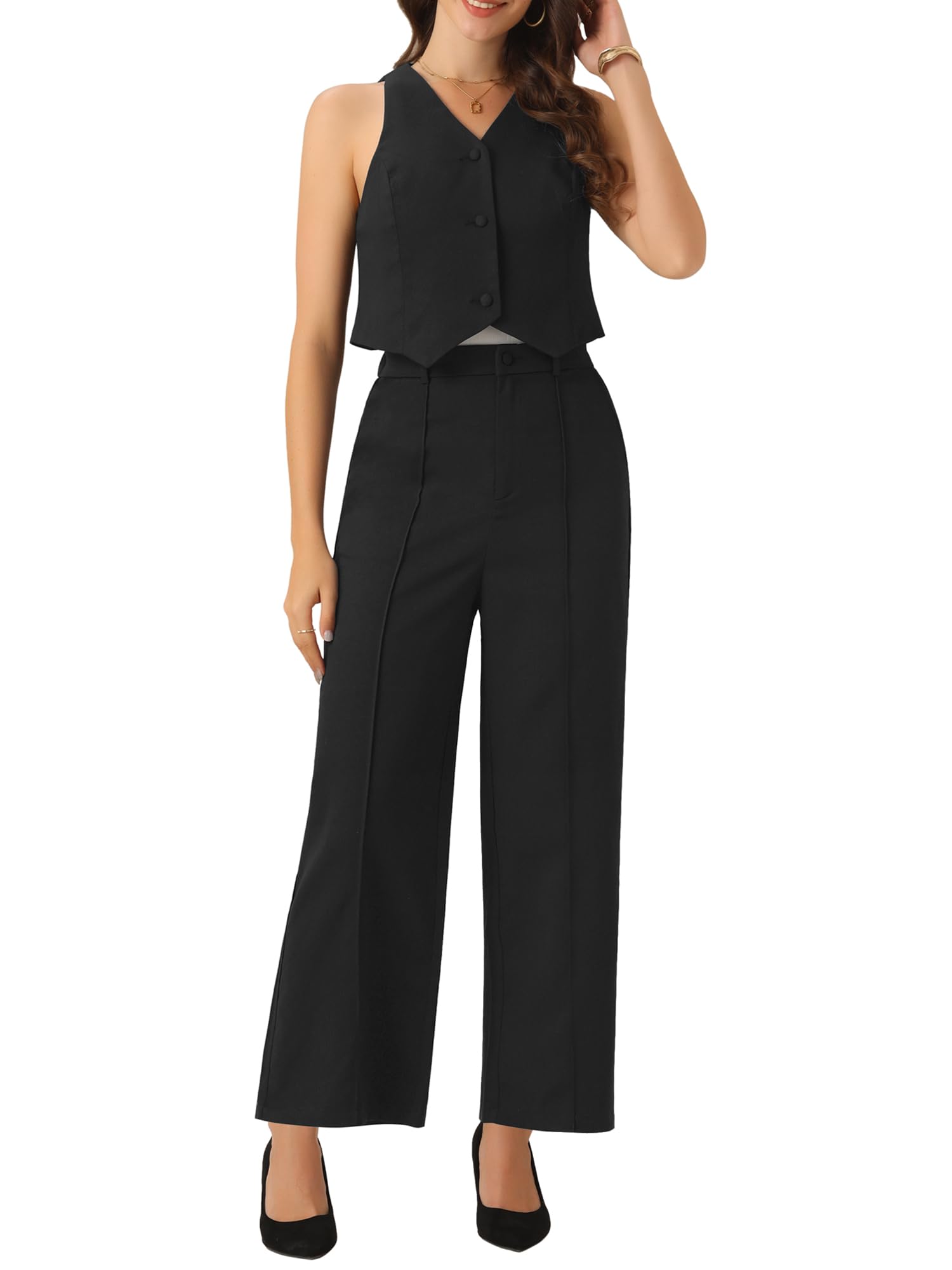 Allegra K Vest Pants Suits for Womens Dressy Two Piece Business Outfits Sleeveless Blazer Wide Leg Pants Sets