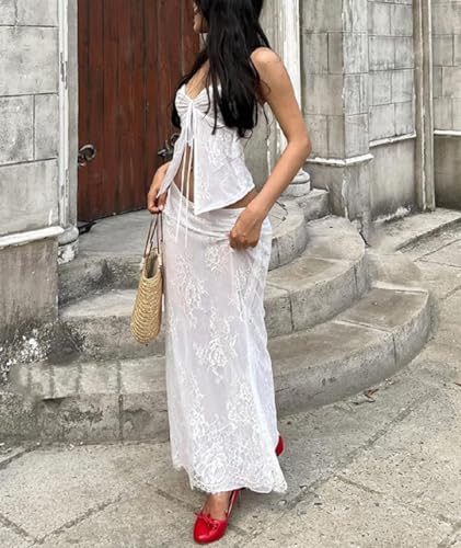 Women Y2K Vintage Lace Maxi Skirt Set Summer 2 Piece Outfits Strapless Split Tube Top and Maxi Skirt Set2