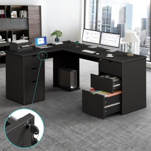 WINAZ 66" L Shaped Desk with 6 Lockable Drawers, Black Corner Computer Desk