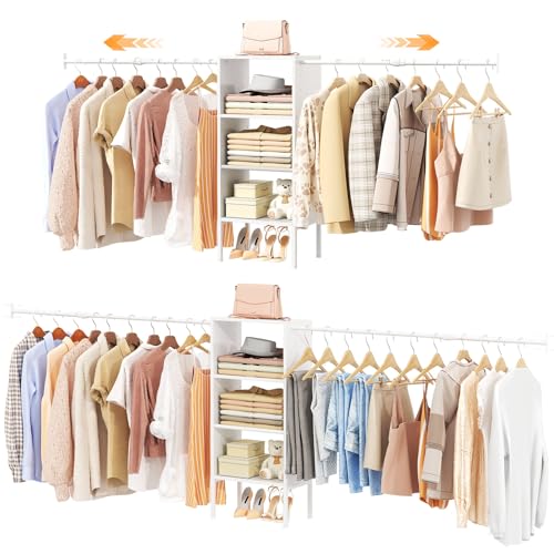 Small-Closet-System-with-Shelves-5FT-8FT-Closet-Organizer-System-Wooden-Shelves-for-Closet-with-2-Hanging-Rods-Walk-in-Closet-Organizer-Adjustable-Wardrobe-Clothes-Rack-Garment-Rack-Pure-White Small Closet System with Shelves, 5FT-8FT Closet Organizer System, Wooden Shelves for Closet with 2 Hanging Rods, Walk-in Closet Organizer, Adjustable Wardrobe Clothes Rack, Garment Rack, Pure White - Image 1
