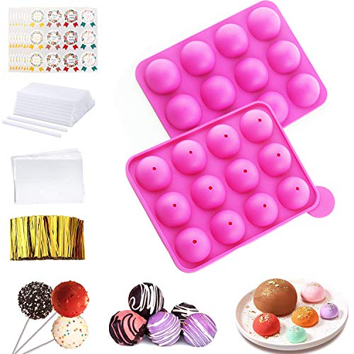 Lollipop Cake Maker Mold Set, 12-Hole Cake Pop Mold Silicone Lollipop Mold with Lollipop Sticks,Treat Bags, Twsit Ties and Handmade Label Sticker for Cake Pop, Lollipop, Candy, Chocolate