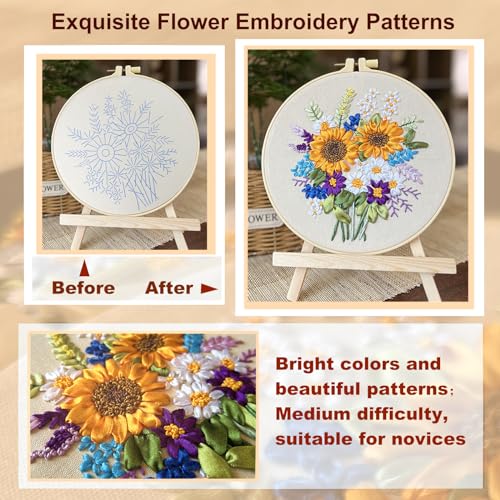 Image of KLOSN 4 Sets Embroidery Kits for Beginners, Ribbon Embroidery Patterns & Easy Embroidery Stitches Kits, Needlepoint Kits for Adults, Beginners Embroidery Kits for Adult Include Video Tutorial