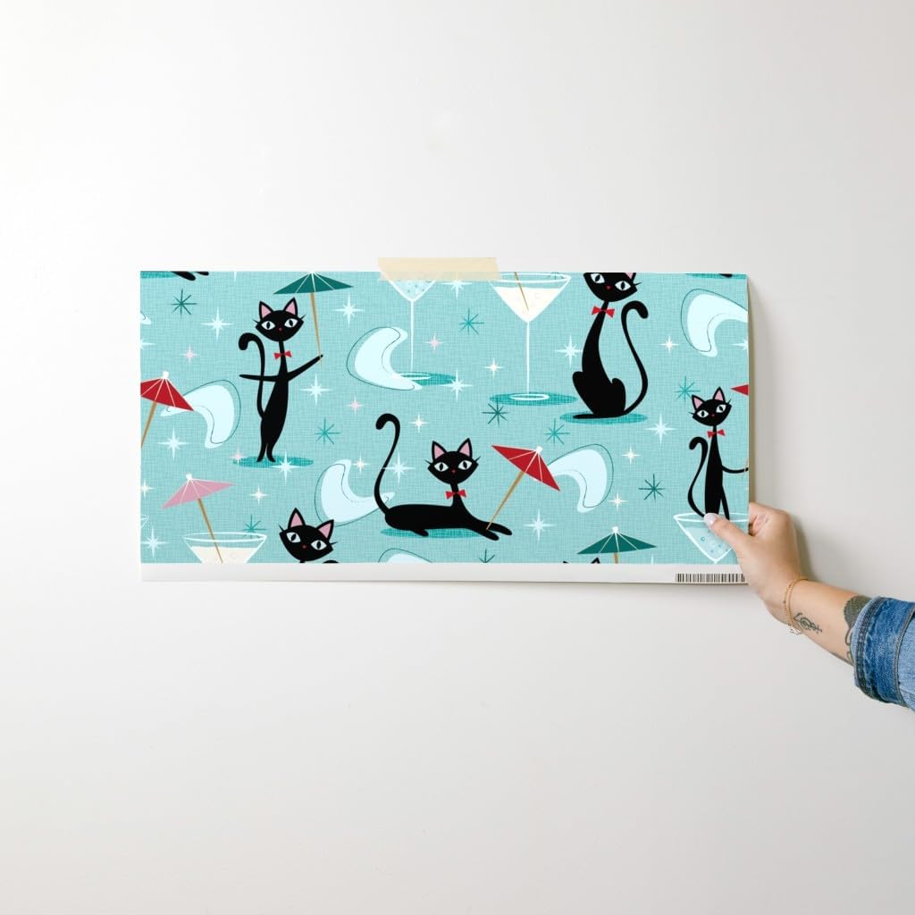 Peel & Stick Wallpaper Swatch - Cocktail Umbrella Cats �Զ Cool 50S Retro Black Vintage Style Umbrellas Atomic Cat Custom Removable Wallpaper by Spoonflower
