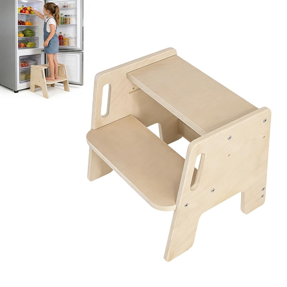 RANJIMA Taburete infantil de 2 niveles antideslizante de madera 100 kg para lavabo baño cocina