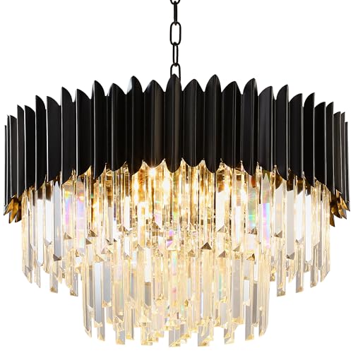 WABON Modern Chandelier Light Fixture, Black Crystal Chandelier, Round Pendant Chandelier for Bedroom Living Room Dining Room Entryway