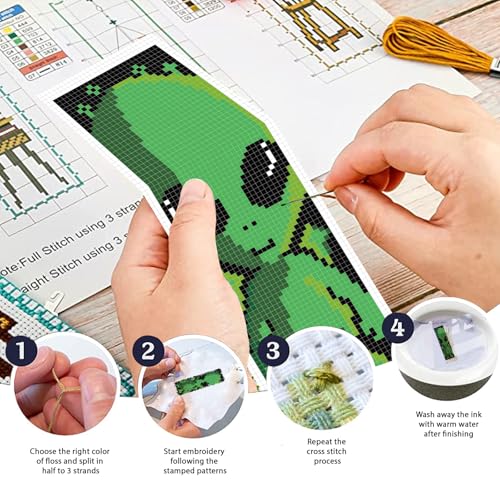 Image of FREEBLOSS 6 Set Cross Stitch Bookmark Kits Alien Pattern Stamped Cross Stitch Kit 11CT Embroidery Kit with Instructions for Beginners 20x6cm /8x2.4inch