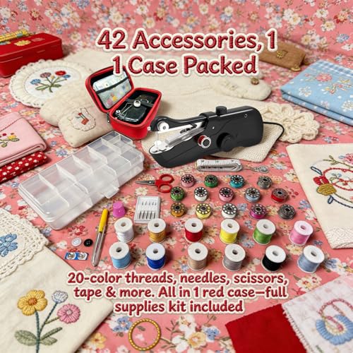 Image of Portable Mini Sewing Machine for Beginners,Hand Held Sewing Machine,Electronic Small Sewing Machine for Quick Stitching with Sewing Kit and Storage Case.(Black)