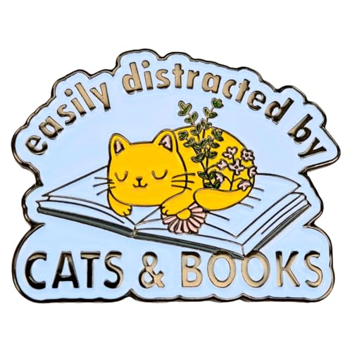 Image of Enamel Pin,Easily Distracted By Cats & Books Lapel Pin,Cute Kitten Pet Badge,Conversation Starter Brooch,Gift For Booklovers Reader Student Teens,DIY Decor,Pin on Canvas Bag Backpack Jacket