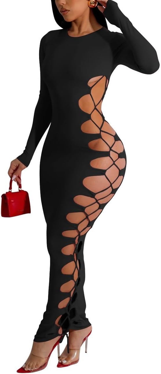 GHAKKE Women's Sexy Hollow Out Long Sleeve Lace Up Party Dress Elegant Formal Round Neck Stretch Bodycon Long Dress Clubwear