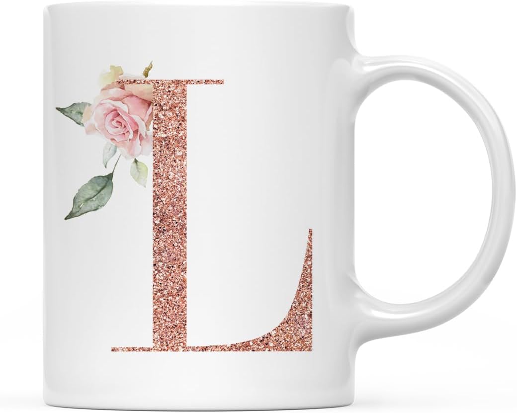 Andaz Press 11oz. Coffee Mug Gift, Pink Watercolor Roses with Faux Rose Gold Glitter Monogram Letter L, 1-Pack, Includes Gift Box, Christmas Birthday Mother's Day Graduation Coworker Present Ideas