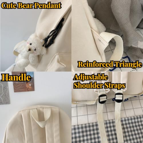 Canvas Big Capacity Backpack with Cute Bear Pendant Accessory for Women Men Aesthetic Daypack(white)4