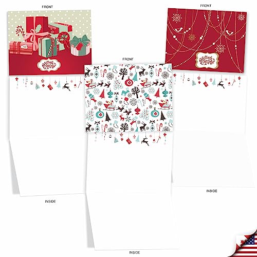 Image of The Best Card Company - 10 Blank Merry Christmas Note Cards (4 x 5.12 Inch) - Boxed Holiday Notecards with Envelopes - Red and Blue Retro Christmas M6663XSB