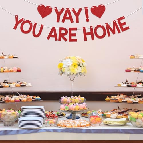 Image of Yay! You're Home! Banner - Welcome Back to Home Sign, Family Reunion Party Bunting Sign, Welcome Home Party Decorations Red Glitter