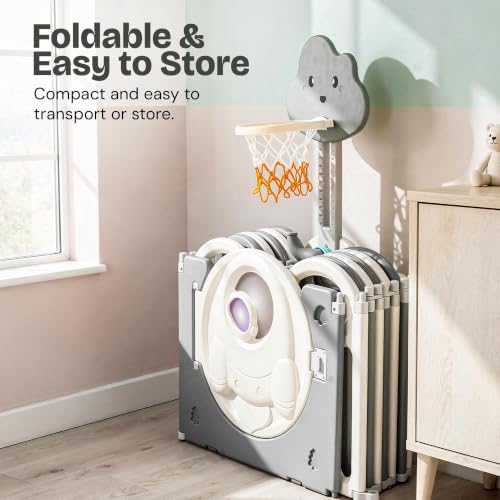 Image of Baybee Kids Playpen for Babies | Foldable Baby Play Area Indoor Setup with Basket Ball Hoop, Safety Door Lock & Double Knob | Outdoor Play Pen for Baby for 0 - 5 Years Boys Girls | Baby Activity Playards with Kids Customized Shapes (Grey-12 Panels)