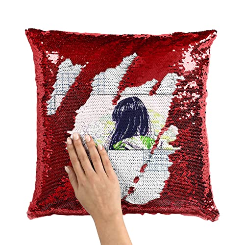 Coussin sequin rouge design abstrait japonais œuvre digitale Lo-Fi Girl - 3