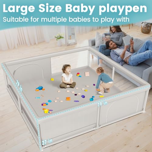 Image of 79x79 Inch Baby Playpen for Babies and Toddlers, Extra Large Play Yards for Indoor & Outdoor with Zipper Gates, Breathable Mesh with Anti-Slip Base