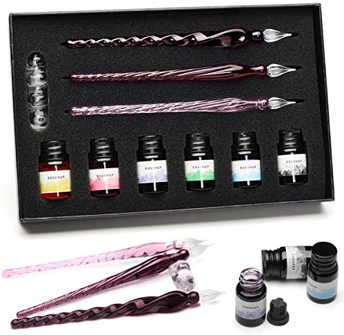 ESSSHOP 3 Purple Glass Calligraphy Pens Crystal Glass Dip Pen and Color Ink Pen Holder Set Art Supplies for Signatures, Beginners Journaling Lettering Drawing Holiday Gift Decoration