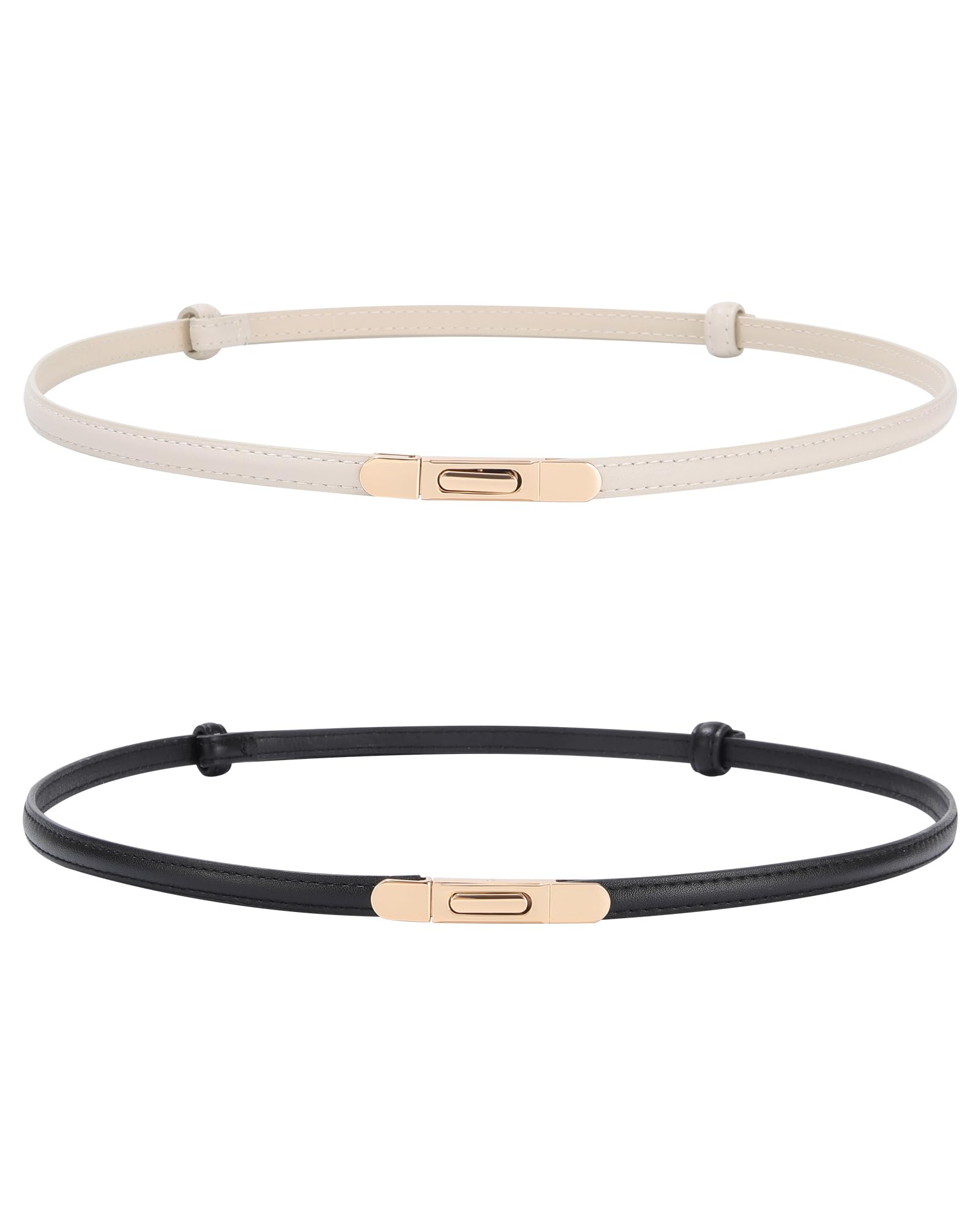 AWAYTR Women Skinny Leather Belt - 2 Pack Adjustable Thin Leather Belt for Jeans Dress with Gold Buckle