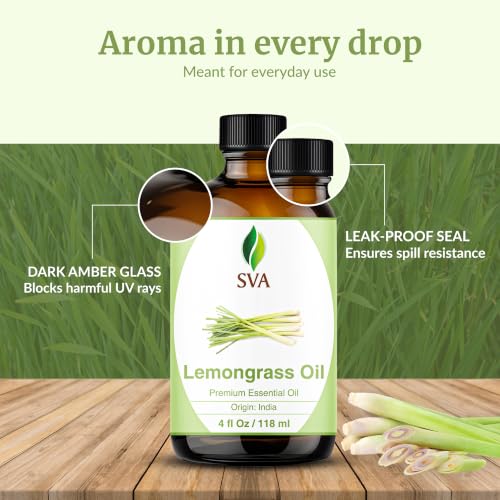 Image of SVA Lemongrass Essential Oil 4 Fl Oz - for Diffuser, Skin & Hair Care - Ideal for Massage & DIY Blends - with Dropper