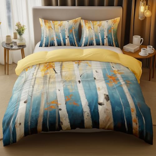 Funda Nórdica Arte Abedul Otoño Patrón Microfibra Funda Edredon 3 Piezas Blanco Amarillo Funda De Edredón Reversible para Cama 135/150 240 X 220 Cm + 2 Fundas De Almohada 50 X 75 Cm