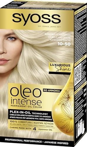 Syoss Oleo Intense - Tinte 10-50 Rubio Claro Ceniza – Coloración permanente Sin Amoníaco – Cobertura profesional de canas – Resultados de peluquería (Pack De 3)