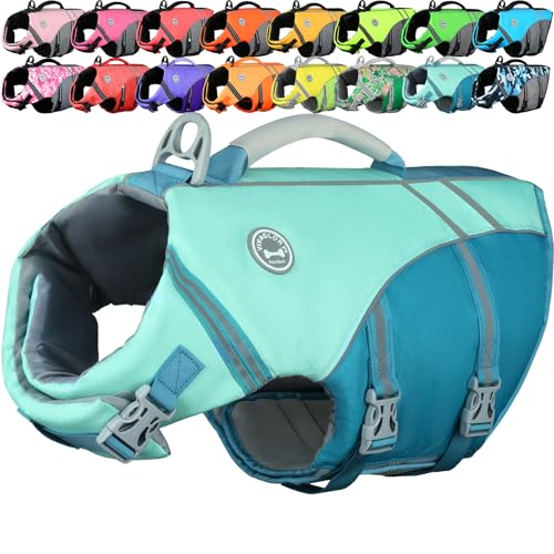 VIVAGLORY Sports Style Dog Life Vest, Dog Life Jacket for Swimming & Boating, Ripstop & Buoyancy for Puppy Doggy, Lifejacket with Handle, L, Cyan