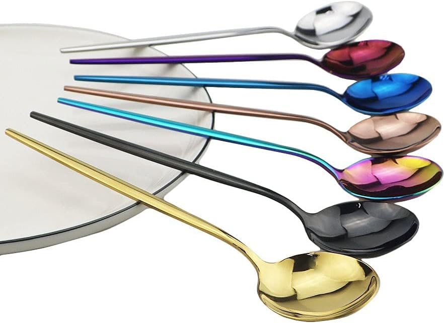 Ensemble de cuillères de Service en Acier Inoxydable Arc-en-Ciel, 6 pièces, cuillères à Dessert et à Glace polies for Accessoires de Cuisine | Couverts ménagers(Black Silver)