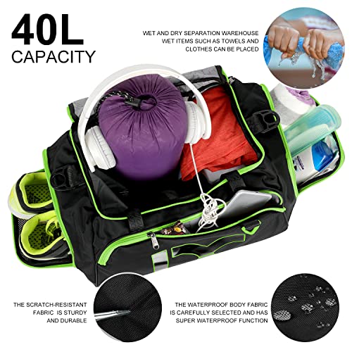 Sports Gym Bag，INOXTO Travel Duffel Bag with Dry Wet Pocket And Shoe CompartmentFor Women and Men，40L/55L Fitness Waterproof Weekender Bag For Swim Sports Travel Working Out (Black green, 40L)3