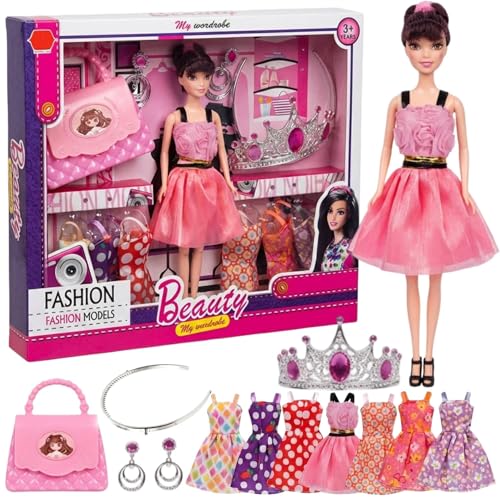 Image of SHAKTISM Fashion Doll Wardrobe Set for Girls with Dresses, Crown, Handbag & Accessories | Princess Dress-Up Doll Toy Kit | Creative Role Play Toy Gift for Kids 3+