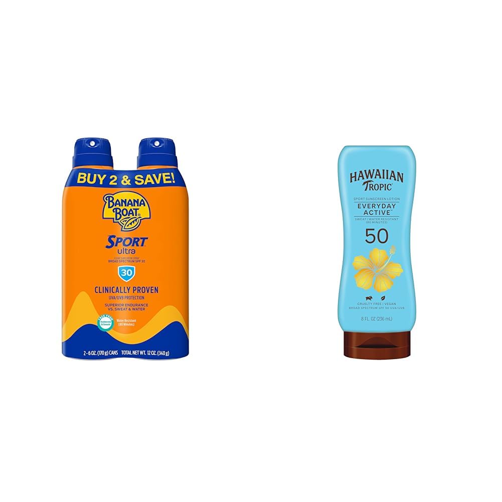 Banana Boat Sport Ultra SPF 30 Sunscreen Spray Twin Pack Hawaiian Tropic SPF 50 Sunscreen Lotion Active Everyday