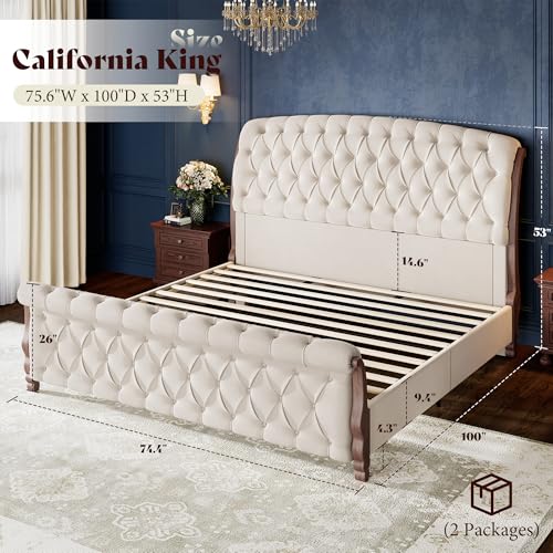 Image of AMERLIFE Upholstered California King Bed Frame, 53 inch Tall Sleigh Bed with Button Tufted Chenille Headboard and Footboard, Platform Bed with Carved Solid Wood Legs, No Box Spring Needed, Cream