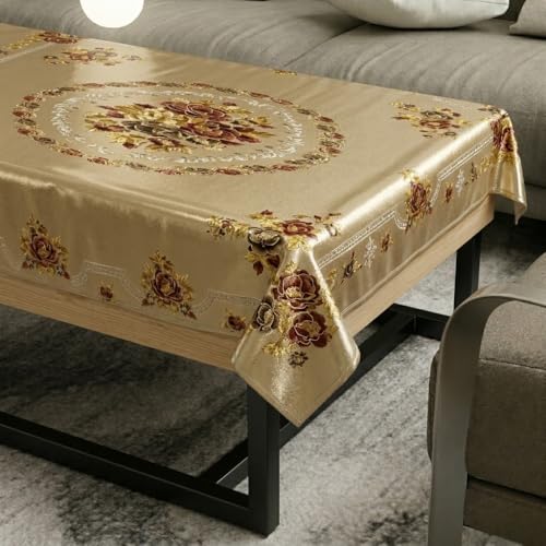 Image of Vintage Royal Floral Gold Center Table Cloth| Waterproof PVC 2-4 Seater Center Table Cover| Dustproof & Anti Slip Decorative Table Cover (Size 36x60, Rectangular, Pack of 1)