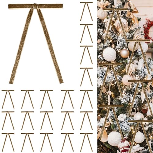 Image of 24 PCS Velvet Bows Christmas Ornaments Decorations, Sparkly Glittery Gold Brown Velvet Christmas Tree Bows Decor, Unique Vintage Elegant Xmas Home Holiday Decor for Tree Mantle Wreath Gift Wrapping